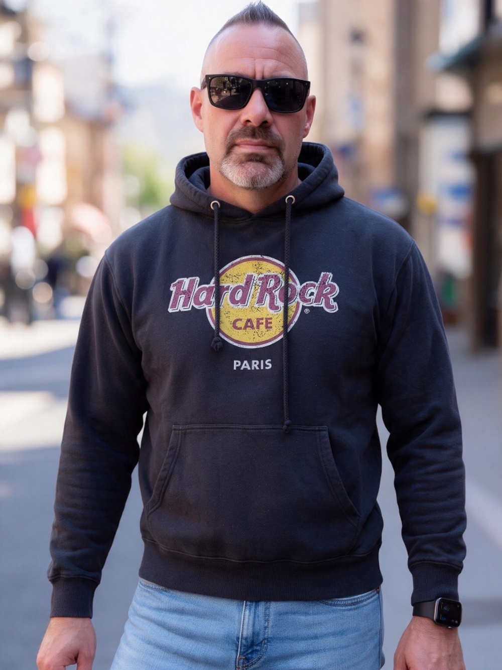 Hard Rock Cafe Paris Hoodie Men’s XL Black Distressed Logo Pullover
